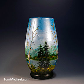 Scenic vases, hand painted vases, glass art, art glass vases, tom michael  